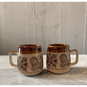 Vintage Armbee San Francisco Mugs Set of 2 Brown Drip Glaze Paisley Japan Retro